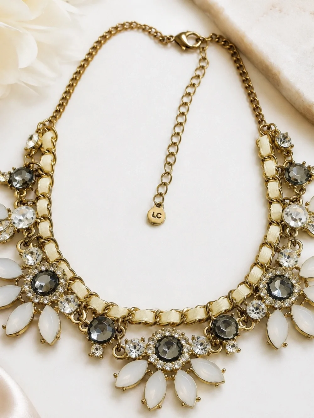 Gold-Tone White & Gray Crystal Statement Necklace